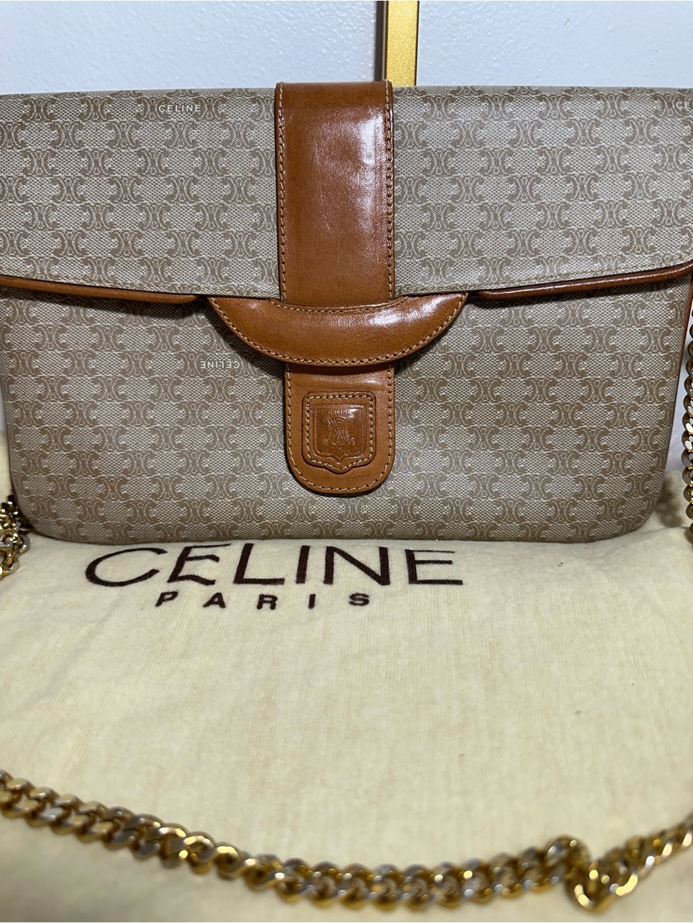 VINTAGE Celine Beige Monogram Crossbody with Brown Leather Trim & Gold Chain